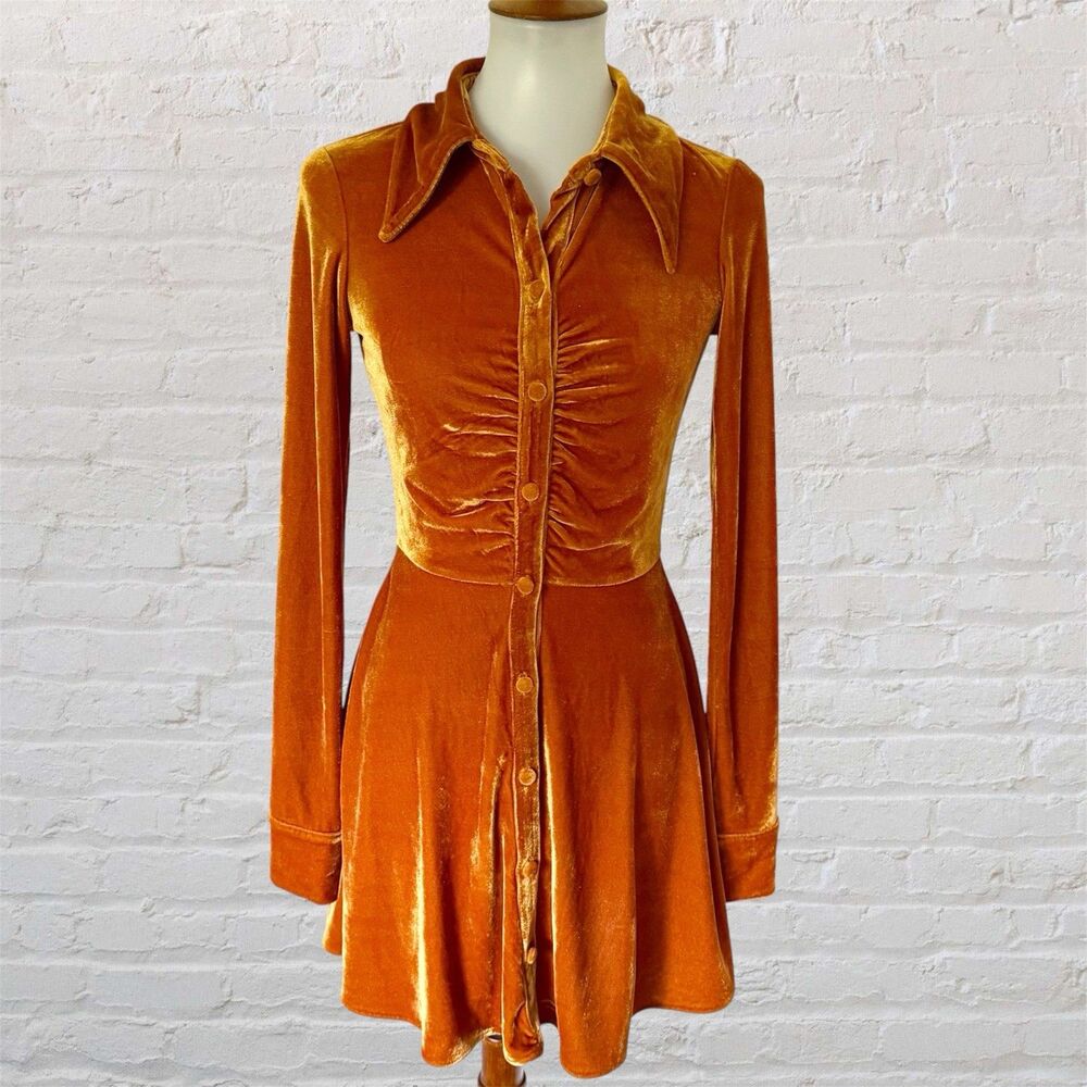 Urban Outfitters Skater Dress Womens Small Orange Velvet Button Front Mini Flare